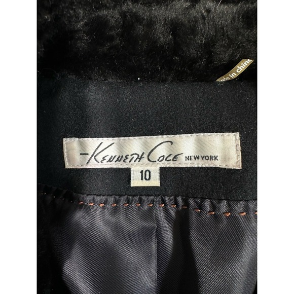 Vtg Kenneth Cole Coat Womens 10 Black Wool Blend Y2K 90s Faux Fur Penny Lane - Picture 4 of 12